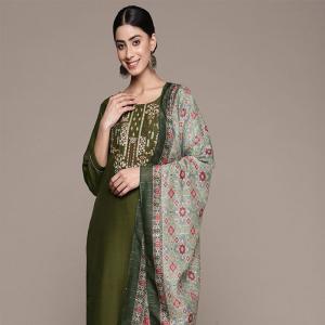 Embroidered Straight Kurta with Pants & Dupatta